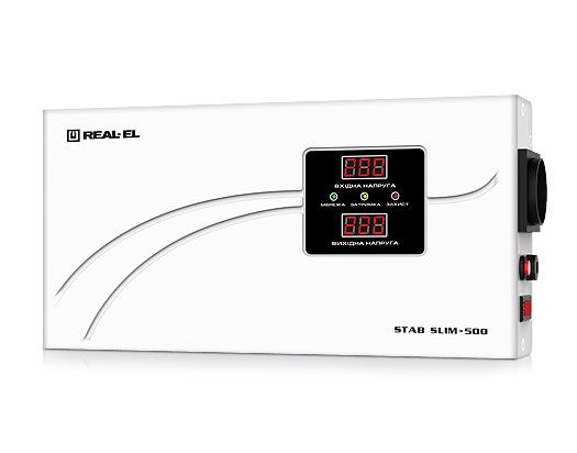  REAL-EL STAB SLIM-500 White, 500VA, 400W,   220V+/-20%, 1  (Schuko), LED  -  1