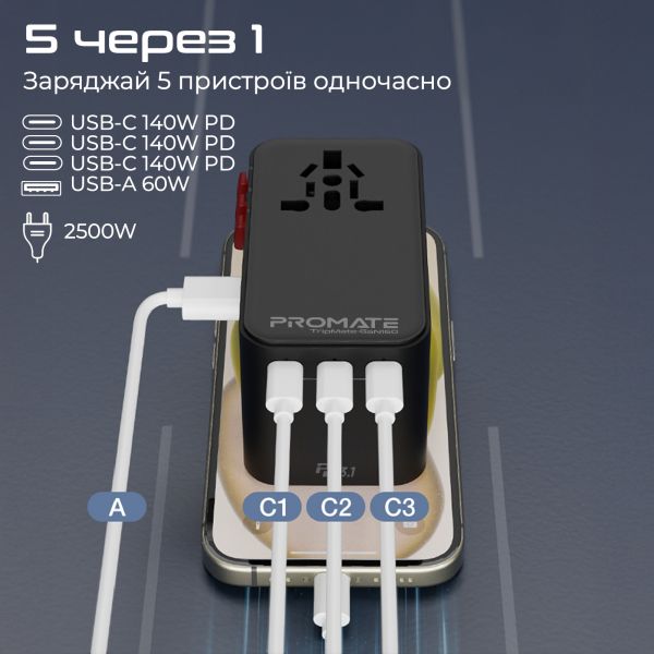   Promate TripMate-GaN160 160W Black -  5