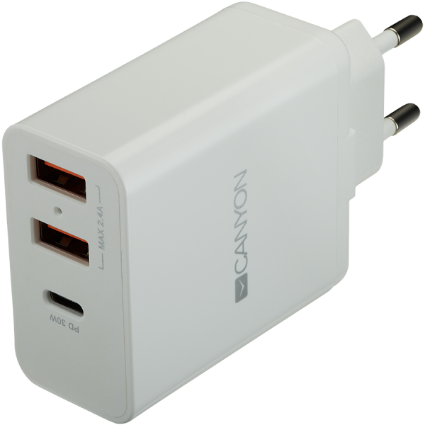   CANYON H-08 Universal 3xUSB AC charger (in wall) with over-voltage protection(1 USB-C with PD Quick Charger), Input 100V-240V, OutputUSB-A/5V-2.4A+USB-C/PD30W, with Smart IC, White Glossy Color+ orange plastic part of USB, 96.8*52.48*28.5mm, 0.092kg (CNE-CHA08W) -  1