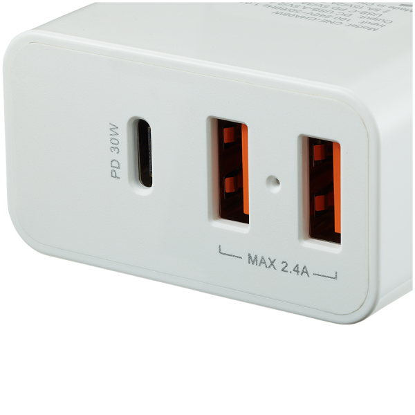  CANYON H-08 Universal 3xUSB AC charger (in wall) with over-voltage protection(1 USB-C with PD Quick Charger), Input 100V-240V, OutputUSB-A/5V-2.4A+USB-C/PD30W, with Smart IC, White Glossy Color+ orange plastic part of USB, 96.8*52.48*28.5mm, 0.092kg (CNE-CHA08W) -  2