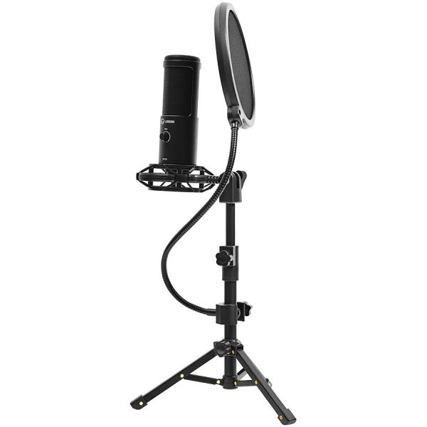   LORGAR Gaming Microphones, Black, USB condenser microphone with tripod stand, pop filter, including 1 microphone, 1 Height metal tripod, 1 plastic shock mount, 1 windscreen cap, 1,2m metel type-C USB cable, 1 pop filter, 154.6x56.1mm (LRG-CMT721) -  1