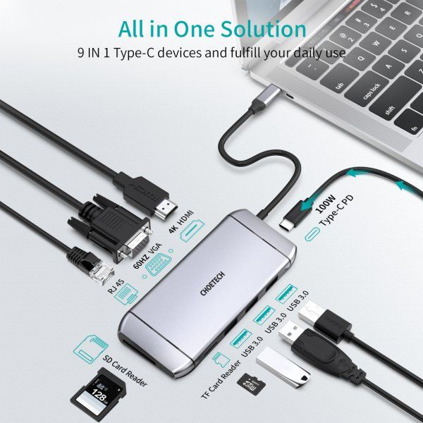 ��� ������� USB-C 9-�-1 (HDMI/VGA/���������/LAN/USB-A), ������� Choetech HUB-M15-GY - �������� 3