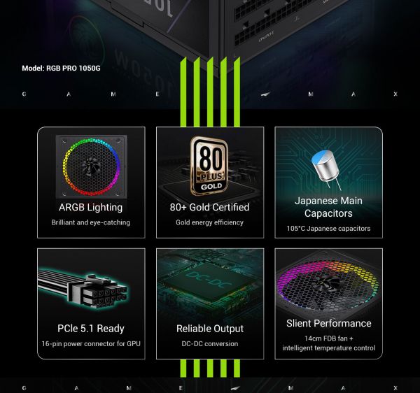 GAMEMAX   ATX 3.1 & PCIe5.1_ 1050W, 80+ Gold,R GB Smart  fan 140mm,fully modular ,Japanese 105C  RGB PRO 1050G -  14