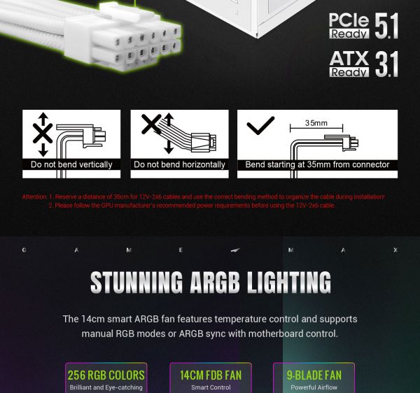 GAMEMAX   ATX 3.1 & PCIe5.1_  1300W, 80+ Plati num,RGB Smart  fan 140mm,fully modular ,Japanese 1 RGB PRO 1300P WH -  18