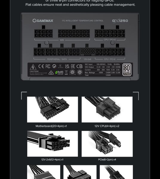 GAMEMAX   ATX 1250W, 80+ Platinum ,fan 135mm,f ully modular OTP, OCP, SCP, OVP, UVP, OPP GX-1250 PRO BK(ATX3.1PCIe5.1) -  33