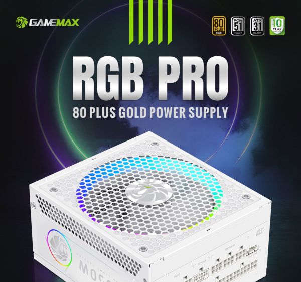 GAMEMAX   ATX 3.1 & PCIe5.1_ 1050W, 80+ Gold,R GB Smart  fan 140mm,fully modular ,Japanese 105C  RGB PRO 1050G WH -  12