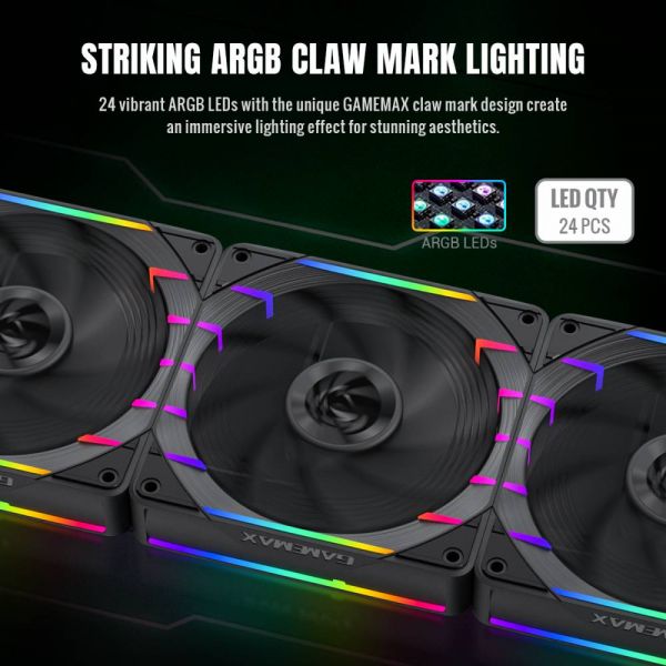 GAMEMAX ����� ��� ������� 120�� 3pin AURA (M/F)&4pin PWM A ir Flow66.89 CFM Static Air Pressure2.62mm - H2ONo Tornado T12 ARGB - �������� 3