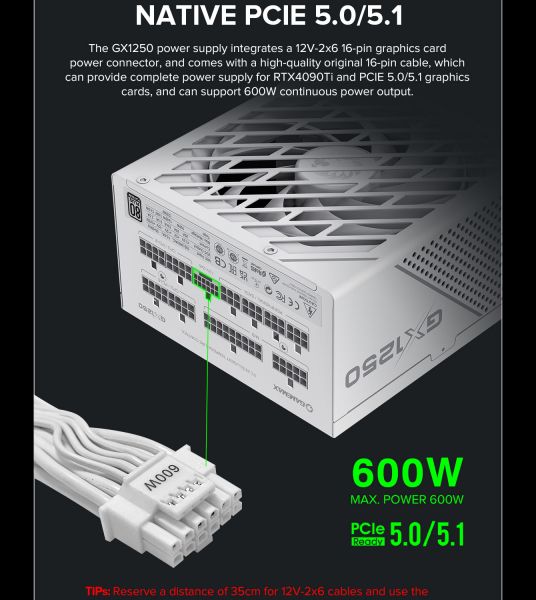 GAMEMAX   ATX 1250W, 80+ Platinum ,fan 135mm,f ully modular OTP, OCP, SCP, OVP, UVP, OPP GX-1250 PRO WT(ATX3.1PCIe5.1) -  20