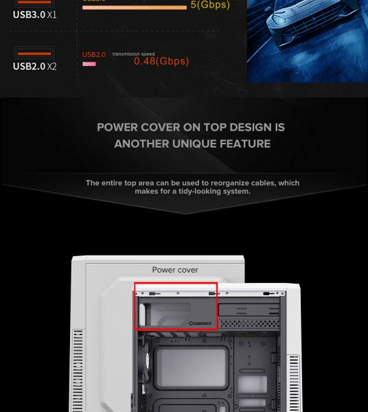 GAMEMAX ������ Tower ATX ��� ����� ��������, ���� o-ATX, DTX,Mini-ITX,  1*usb 3.0 + 2* usb 2.0 G561E-WH - �������� 9