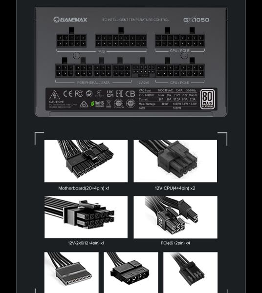 GAMEMAX   ATX 1050W, 80+ Platinum ,fan 135mm,f ully modular OTP, OCP, SCP, OVP, UVP, OPP GX-1050 PRO BK(ATX3.1PCIe5.1) -  33