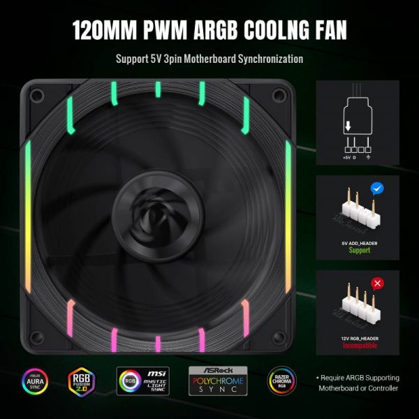 GAMEMAX ����� ��� ������� 120�� 3pin AURA (M/F)&4pin PWM A ir Flow66.89 CFM Static Air Pressure2.62mm - H2ONo Tornado T12 ARGB - �������� 4