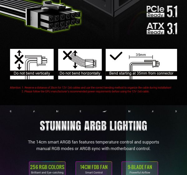 GAMEMAX   ATX 3.1 & PCIe5.1_ 1050W, 80+ Gold,R GB Smart  fan 140mm,fully modular ,Japanese 105C  RGB PRO 1050G -  16