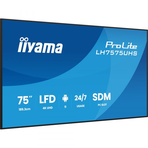 IIYAMA 74.5" 16:9 IPS �� ������, 3840�2160, 24/7, 500 �� /�2, �� Android 11,  3xHDMI 2.0/1xDP/1xDP Out/2xUS LH7575UHS-B2AG - �������� 3