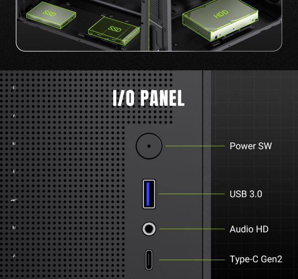 GAMEMAX  Mini Tower    U-ATX(244*185 mm), FLEX-ATX(229*191mm)ITX(170*170mm), 1*usb 3. Spark Air BK -  23