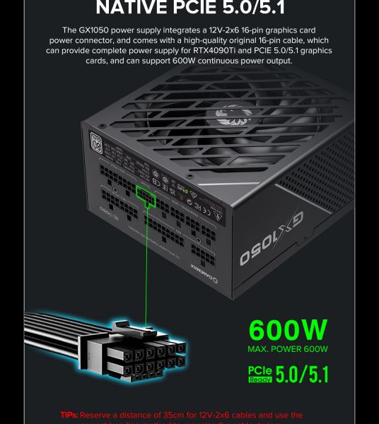 GAMEMAX   ATX 1050W, 80+ Platinum ,fan 135mm,f ully modular OTP, OCP, SCP, OVP, UVP, OPP GX-1050 PRO BK(ATX3.1PCIe5.1) -  25