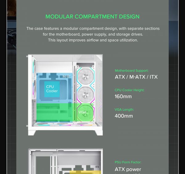 GAMEMAX ������ ATX ��� ����� �������� , ����������� ���� X,M-ATX,ITX, combo audio,VGA Card Length	Up to 400 Infinity Pro WH - �������� 21