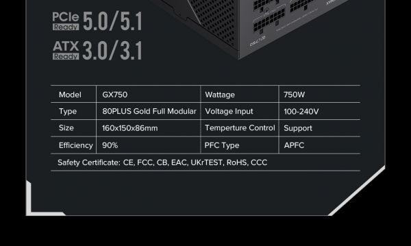 GAMEMAX ���� �������� ATX 750W, 80 Gold,fan 135mm,fully mo dular OPP, OVP, UVP, OCP, OTP, SCP GX-750 PRO BK(ATX3.1PCIe5.1) - �������� 36