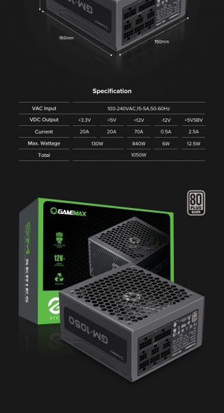 GAMEMAX ���� �������� ATX 1050W, 80 Bronze , fan 140mm,ful ly modularOVP, UVP, OTP, OCP, OLP, OPP, SCP GM-1050  Modular - �������� 24