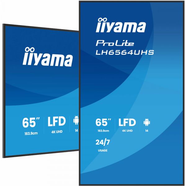 IIYAMA 64.5" 16:9 VA �� ������, 3840�2160, 500 ��/�2, 24 /7, �� ������ 14, 2xHDMI/1xUSB-C/2xUSB 2.0, SP 2x LH6564UHS-B1AG - �������� 5