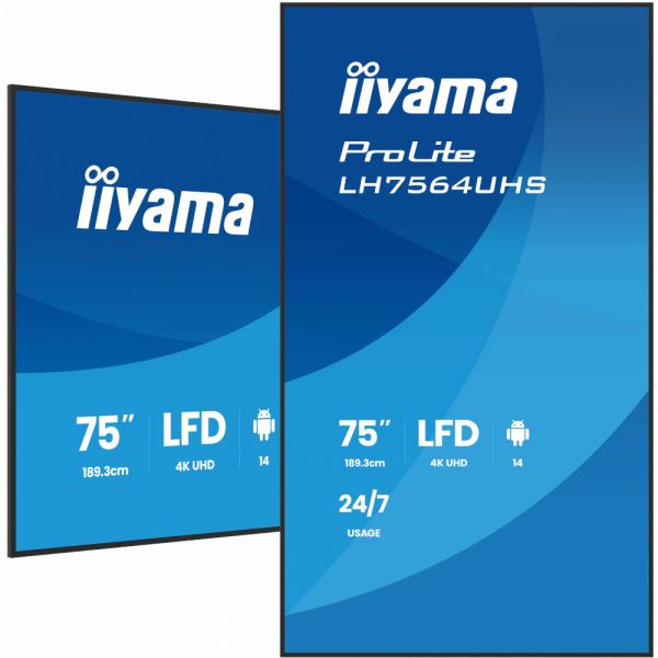 IIYAMA 75" 16:9 VA �� ������, 3840�2160, 500 ��/�2, 24 /7, �� ������ 14, 2xHDMI/1xUSB-C/2xUSB 2.0, SP 2x LH7564UHS-B1AG - �������� 5