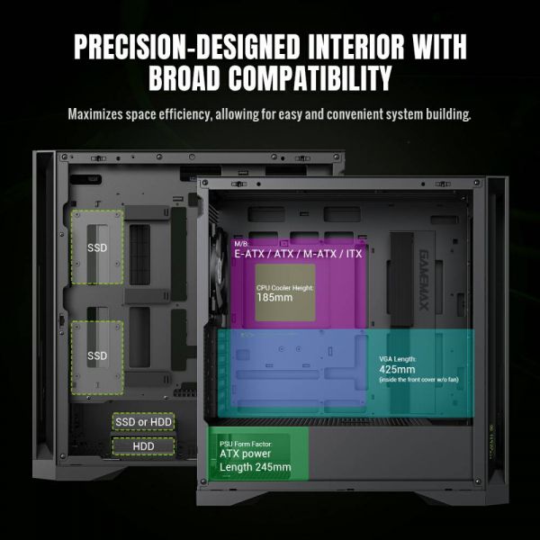 GAMEMAX  Tower E-ATX    ,    E-ATX,ATX, M-ATX,ITX, Tempered Glass,Mesh,2 LEADER 2 BK -  9
