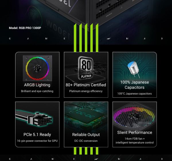 GAMEMAX   ATX 3.1 & PCIe5.1_ 1300W, 80+ Platin um,RGB Smart  fan 140mm,fully modular ,Japanese 10 RGB PRO 1300P -  11