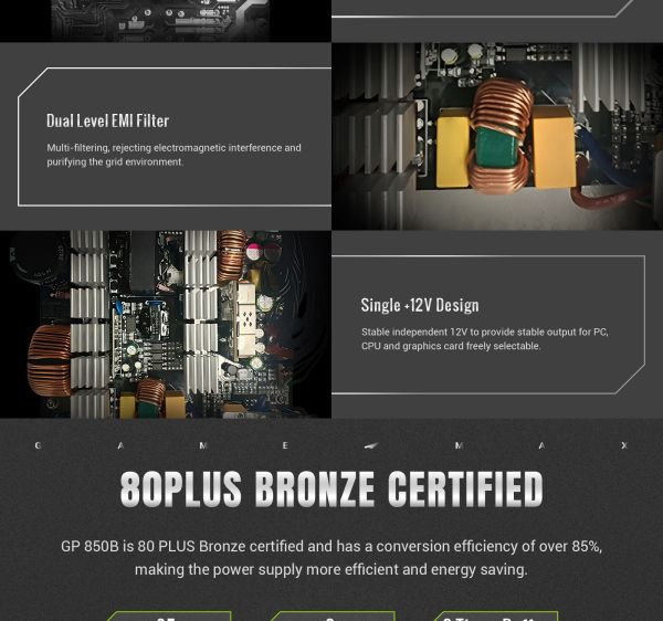 GAMEMAX ���� �������� ATX 850W, 80+ Bronze, 140mm Ultra Si lent Fan OVP / UVP/ SIP / OCP/ OLP/ OPP/ SCP GP 850B - �������� 12