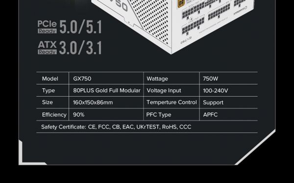 GAMEMAX ���� �������� ATX 750W, 80 Gold,fan 135mm,fully mo dular OPP, OVP, UVP, OCP, OTP, SCP GX-750 PRO WH(ATX3.1PCIe5.1) - �������� 35