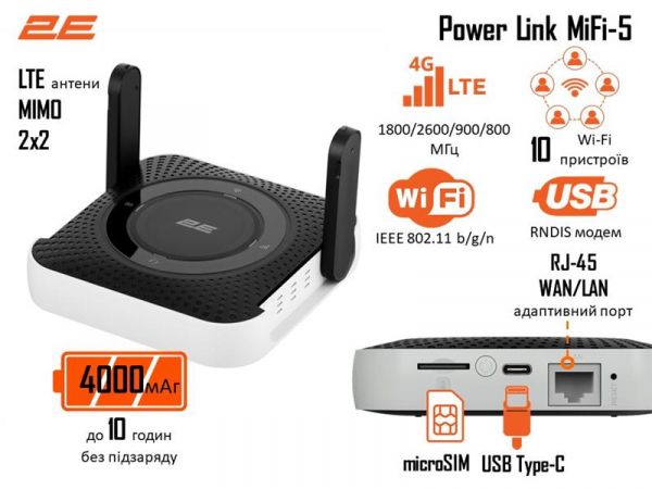 ��������� ������������� 2E PowerLink (MiFi-5 2025) N150, LTE, Wi-Fi4, 1xFE LAN, 1xType-C, 4000���� ������ 794300866700 - �������� 1