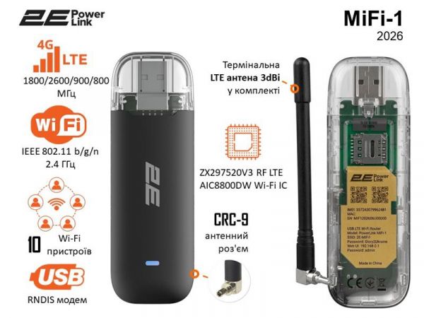 ��������� ������������� 2E PowerLink MiFi-1 (2026) LTE, Wi-Fi4, 1xUSB, 1xCRC9 ������-���������� 794300868933 - �������� 1