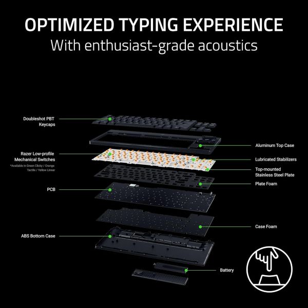 ��������� ��������� Razer BlackWidow V4 Low-profile TKL HyperSpeed, 87key, Yellow Switch, USB-A/WL/BT, EN, RGB, ������ RZ03-05450100-R3M1 - �������� 6