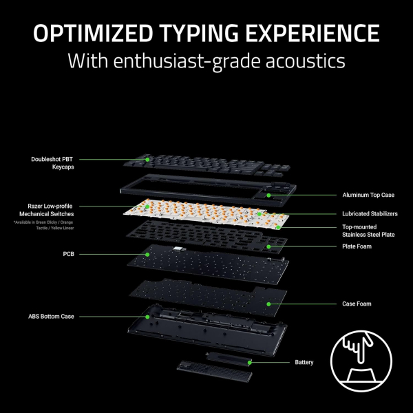 ��������� ��������� Razer BlackWidow V4 Low-profile TKL HyperSpeed, 87key, Green Switch, USB-A/WL/BT, EN, RGB, ������ RZ03-05450500-R3M1 - �������� 6