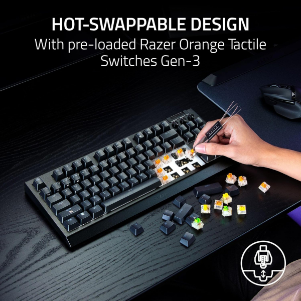��������� ��������� Razer BlackWidow V4 TKL HyperSpeed, 87key, Orange Switch Gen-3, USB-A/WL/BT, EN, RGB, ������ RZ03-05480100-R3M1 - �������� 3