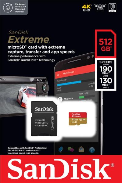 ����� ���'�� SanDisk ����� ���'�� microSD 512GB C10 UHS-I U3 R190/W130MB/s Extreme V30 + SD SDSQXAV-512G-GN6MA - �������� 1