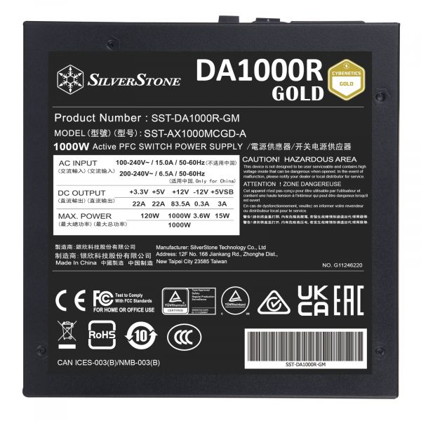   SilverStone Decathlon Cybenetics DA1000R-GM (1000W), >90%, 80+ Gold, 135mm, 1xMB 24pin(20+4), 2xCPU 8pin(4+4), 3xMolex, 12xSATA, 6xPCIe 8pin(6+2),1x(12+4)pin 12VHPWR, 1xFDD, Fully Modular SST-DA1000R-GM -  16