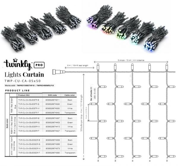 Smart LED �������� Twinkly Pro Curtain RGB 250, AWG22, IP65, ������ TWP-CU-CA-05X50STP-B - �������� 5