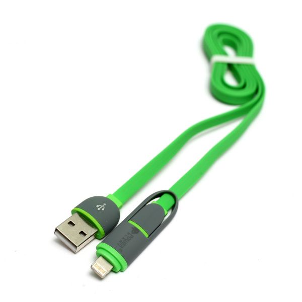 ������ PowerPlant Quick Charge 2A 2-�-1 flat USB 2.0 AM � Lightning/Micro 1�green (KD00AS1291) - �������� 1