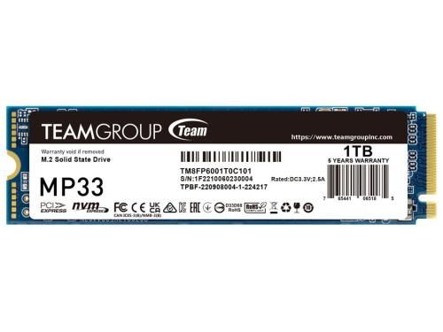 ������������ ����������� SSD 1Tb, Team MP33, PCI-E 3.0 x4, M.2 2280, 3D TLC, 1800/1500 ��/� (TM8FP6001T0C101) - �������� 1