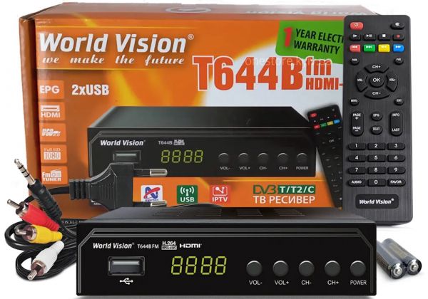 TV-����� ������� ���������� World Vision T644B, Black, H.265, AC3, DolbyDigital, DVB-T2/T/C, FM �����, IPTV, DLNA, Stalker, 7 ������, �������, 2�USB, ������������� ������, ����� ����������� ���������� ��, ���������� ���� �������, CPU-GX6706 - �������� 1