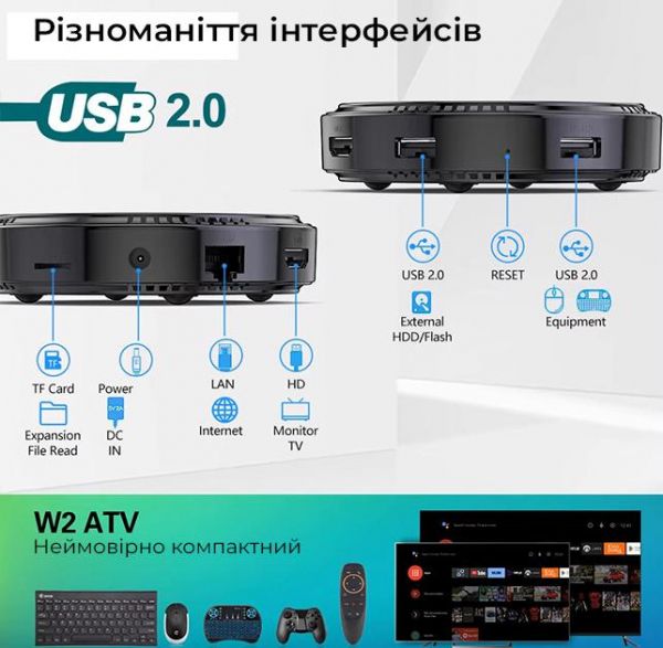 - Vontar W2 Amlogic S905W2, 2Gb/16Gb, Wi-Fi 2.4G +5G +100 Mb, USB2.0x2, Mali-G31, HDMI, G10s , BT, Android TV 11, 4K 60 fps -  5