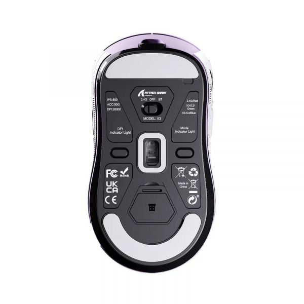 ���� ������������ Attack Shark X3, Purple (Tape), Bluetooth 5.2 / USB 2.4GHz / Type-C, ���������� (������ PixArt PAW3395), �� 26 000 dpi, 50G, 650IPS, 5 ������, ������������� Kailh GM 8.0, �����������, 49 � - �������� 5