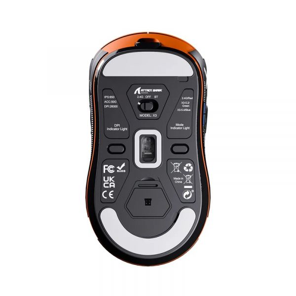 ���� ������������ Attack Shark X3, Orange (Tape), Bluetooth 5.2 / USB 2.4GHz / Type-C, ���������� (������ PixArt PAW3395), �� 26 000 dpi, 50G, 650IPS, 5 ������, ������������� Kailh GM 8.0, �����������, 49 � - �������� 5