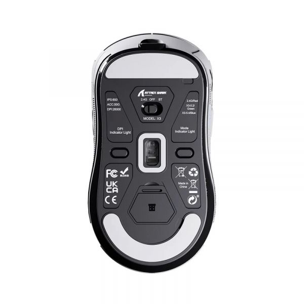 ���� ������������ Attack Shark X3, White (Tape), Bluetooth 5.2 / USB 2.4GHz / Type-C, ���������� (������ PixArt PAW3395), �� 26 000 dpi, 50G, 650IPS, 5 ������, ������������� Kailh GM 8.0, �����������, 49 � - �������� 5