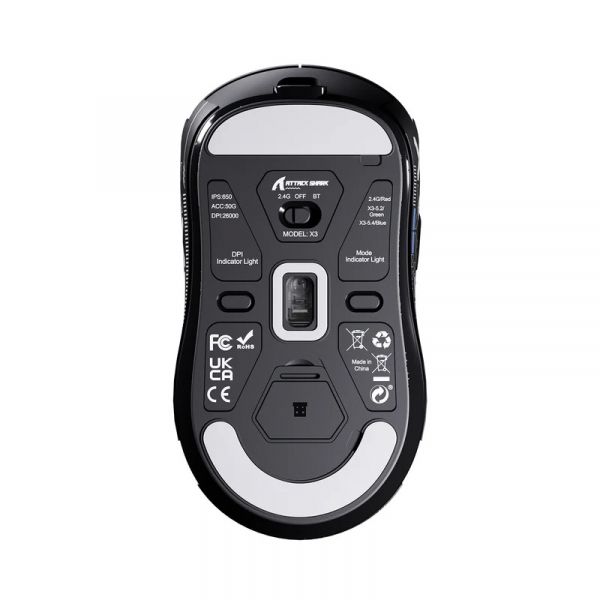 ���� ������������ Attack Shark X3, Black (Tape), Bluetooth 5.2 / USB 2.4GHz / Type-C, ���������� (������ PixArt PAW3395), �� 26 000 dpi, 50G, 650IPS, 5 ������, ������������� Kailh GM 8.0, �����������, 49 � - �������� 5