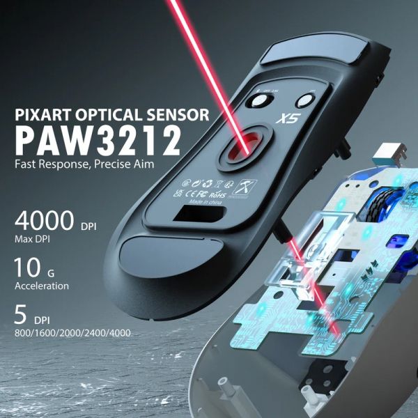   Attack Shark X5, White/Black, Bluetooth / USB 2.4GHz / Type-C,  ( PixArt PAW3212), 800 - 4000 dpi, 10G, RGB , 5 ,  280 mAh, 49  -  4