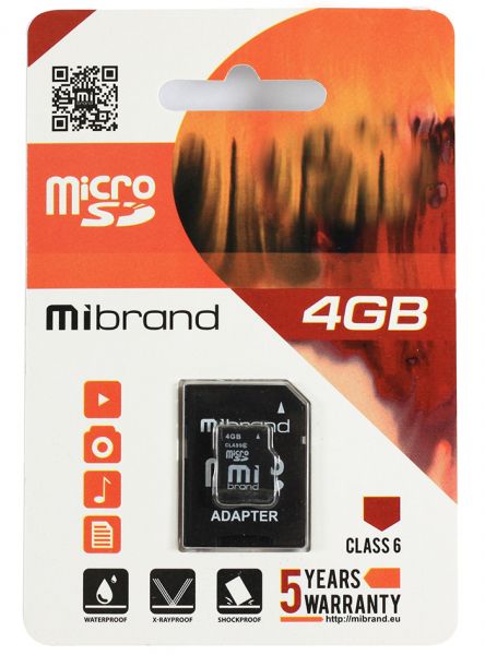   microSDHC, 4Gb, Class6, Mibrand, SD  (MICDC6/4GB-A) -  1
