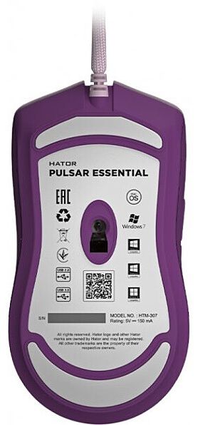  Hator Pulsar Essential, Lilac, USB,  ( PixArt PMW3327), 400 - 6200 dpi, RGB ,  Huano / Kailh,  , 1.8  (HTM-307) -  6