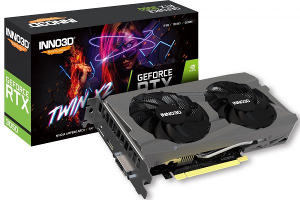  GeForce RTX 3050, Inno3D, TWIN X2, 8Gb GDDR6, 128-bit, DVI/HDMI/DP, 1777/14000 MHz, 6-pin (N30502-08D6-1711VA41) -  1