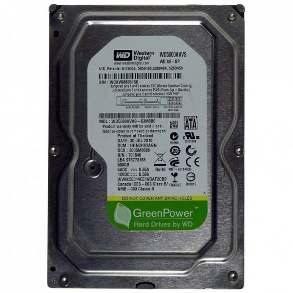  HDD SATA  500GB WD AV-GP 8MB (WD5000AVVS) Refurbished -  1