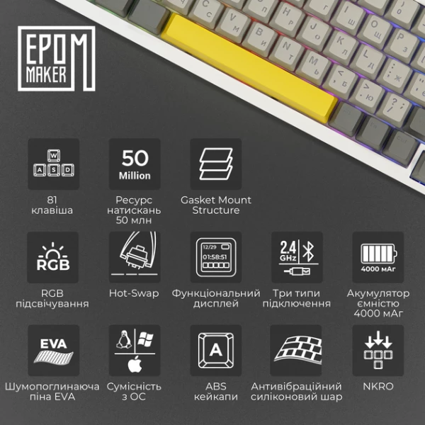 ���������� Epomaker AK820 Pro 75% Flying Fish Switch Hot-Swap RGB UA White (AK820-PRO-W-FF) - �������� 12